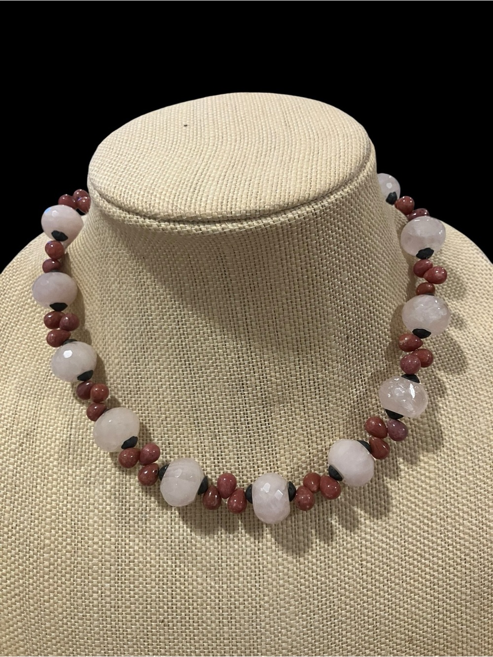 Vintage Chunky Rose Quartz & Red Jasper Beaded Statement Necklace Boho 16”